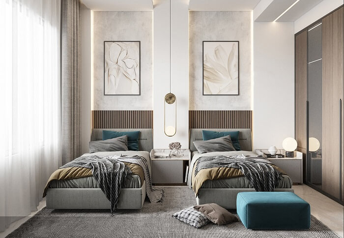 thiết kế phòng ngủ nhỏ 2 giường