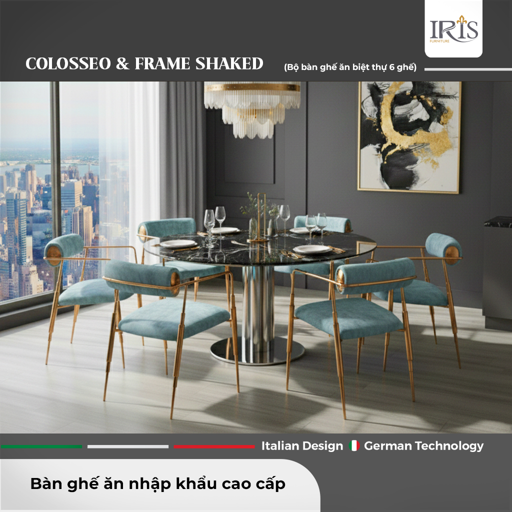 Bàn Ăn Hình Tròn Mặt Đá Colosseo & Ghế Frame Shaked