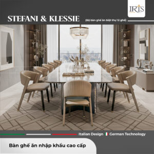 Bộ bàn ăn mặt đá tự nhiên Stefani & ghế ăn da cao cấp Klessie