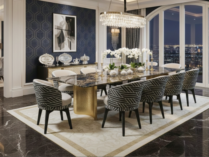Bộ bàn ăn Black Gold Universe 12 ghế với mặt đá Ceramic vân Black Gold