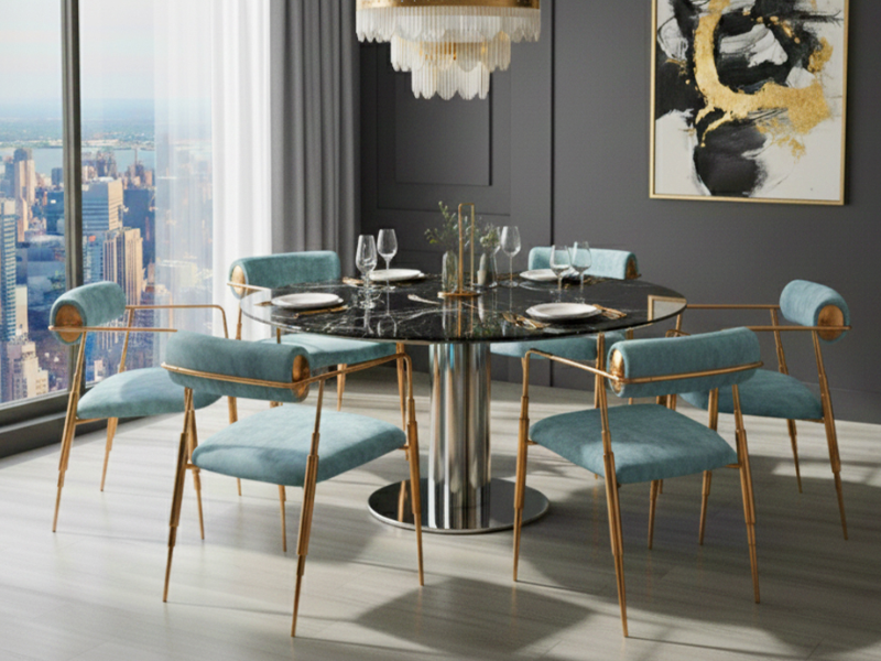 Bộ bàn ăn Colosseo mặt đá tự nhiên dày 40 mm kết hợp ghế Frame Shaked sang trọng