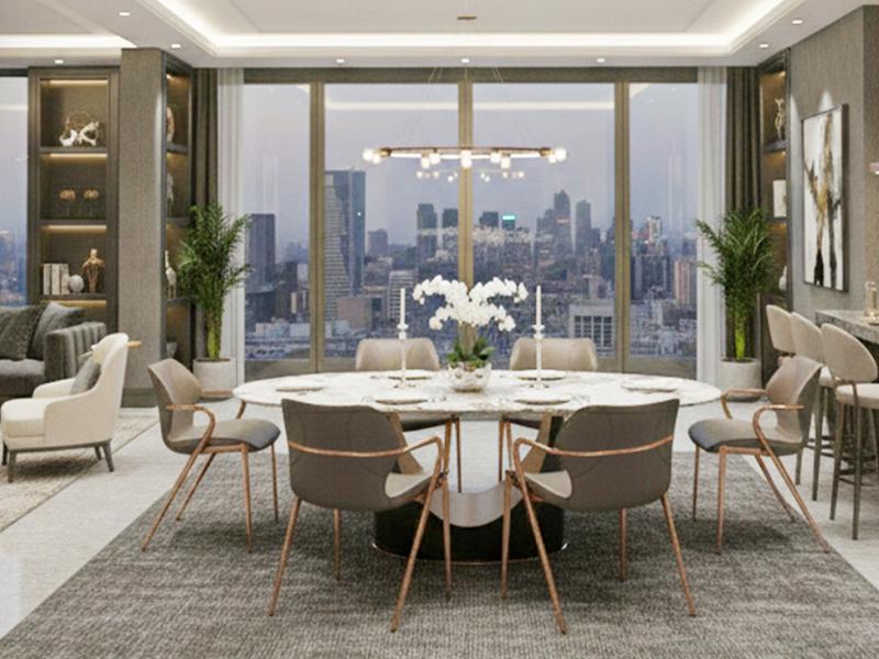 Bộ bàn ăn Ginevra mặt đá nhân tạo elip kết hợp ghế Matt Grey hiện đại