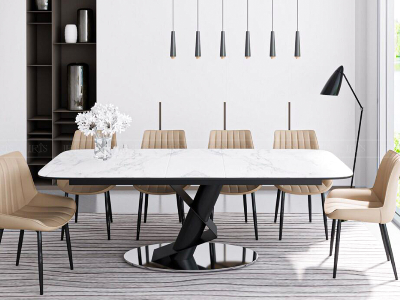 Bộ bàn ăn Lorenza White mặt đá Ceramic Ý mở rộng 1m60–2m kết hợp ghế Lucas Brown tinh tế