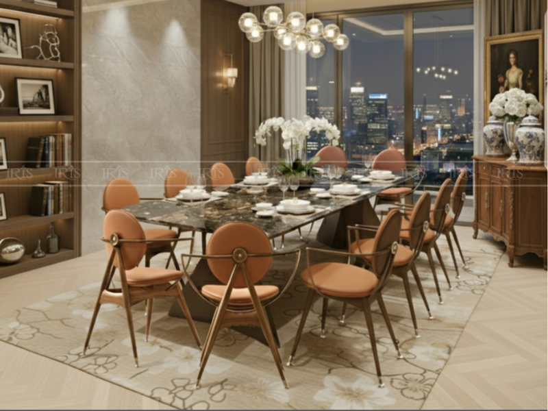 Bộ bàn ăn Louis 12 ghế phong cách tân cổ điển kết hợp ghế Marvelous Ant tinh tế