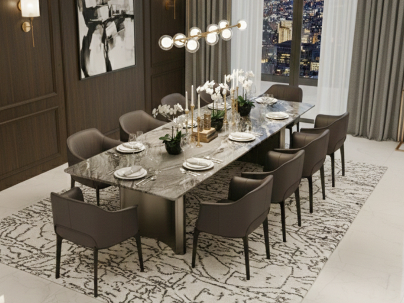 Bộ bàn ăn Stefani 12 ghế mặt đá cao cấp kết hợp ghế Archibald sang trọng và êm ái